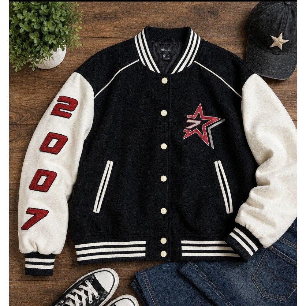 Forever 21 Varsity Bomber Jacket Women’s 0X Black White Star 2007 Preowned